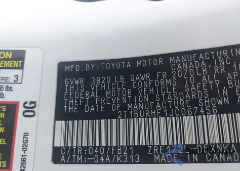 2018 Toyota Corolla Le from USA, damaged, VIN 2T1BURHE1JC067456